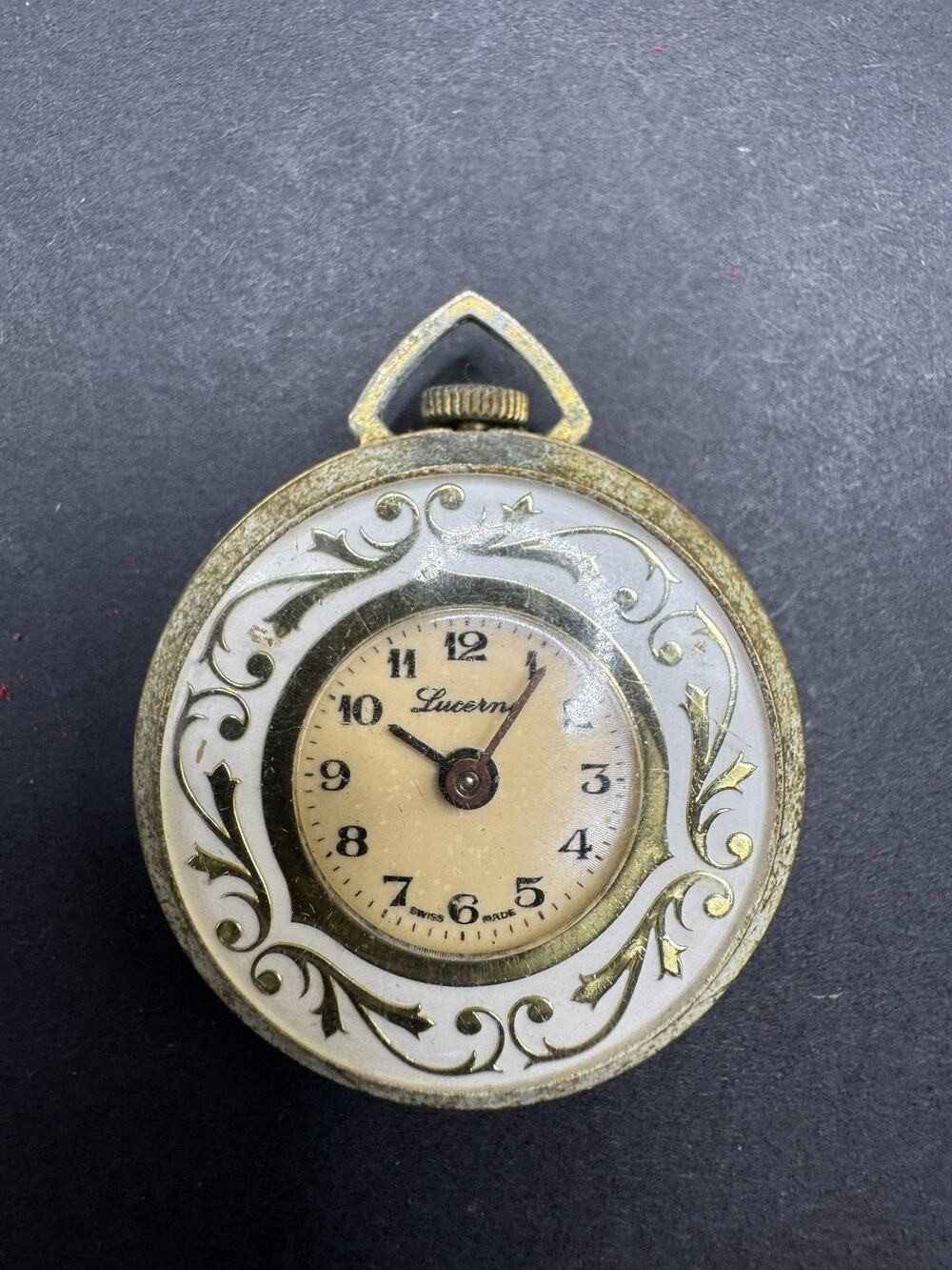 Vintage Lucerne Swiss Made Pocket Watch Gold Tone Floral Ornate Case Decorative